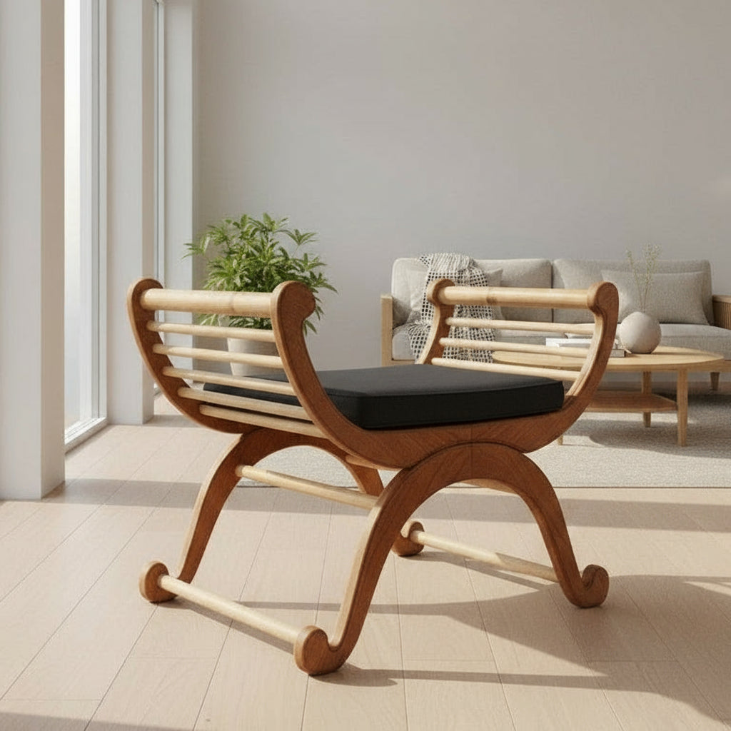 MONA chair with a black cushion in a modern living room.