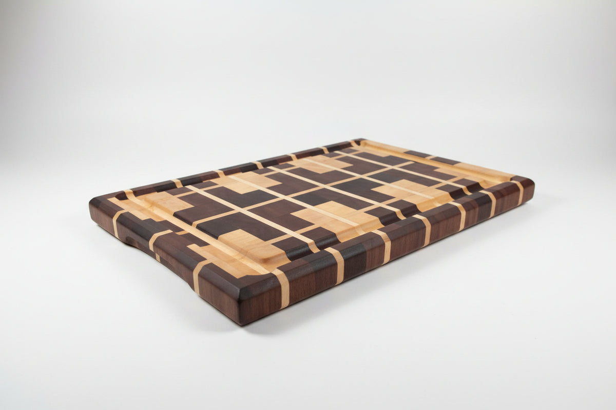 Wooden cutting board with geometric design on a wooden floor