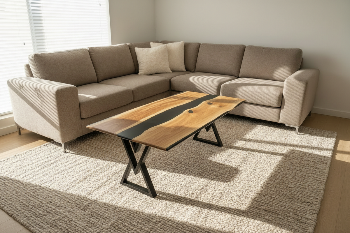STRØM sofabord i massivt eg med naturlig levende kant og mørk epoxy flod – håndlavet af Wooden Dream Studio