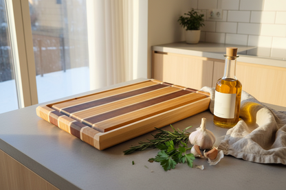 Wooden cutting board on a kitchen counter with herbs, garlic, and a bottle of oil.