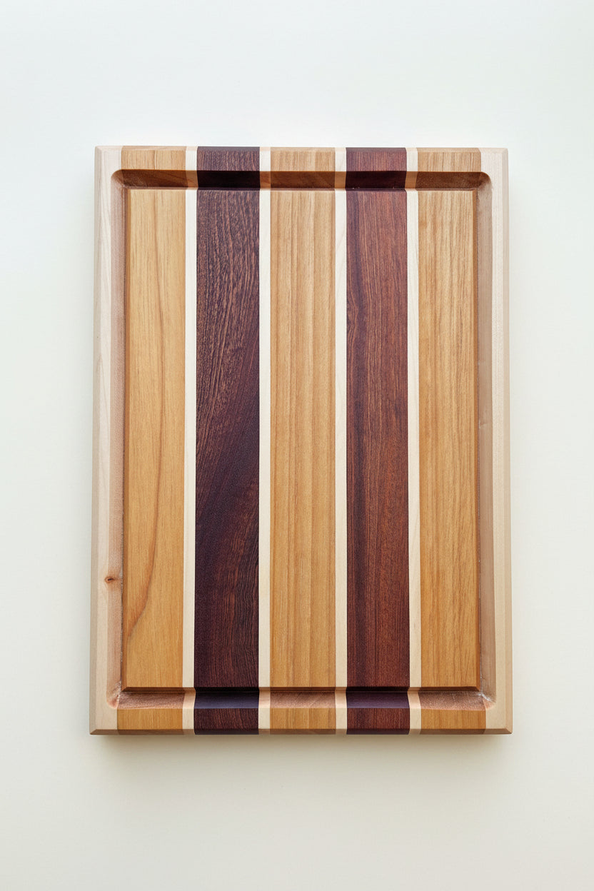 Wooden cutting board with striped pattern on a white surface