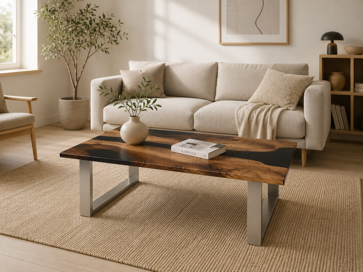 Stue med beige sofa og håndlavet valnød epoxy sofabord med sort flod indlæg – Nordic Rift