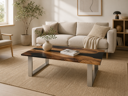 Stue med beige sofa og håndlavet valnød epoxy sofabord med sort flod indlæg – Nordic Rift