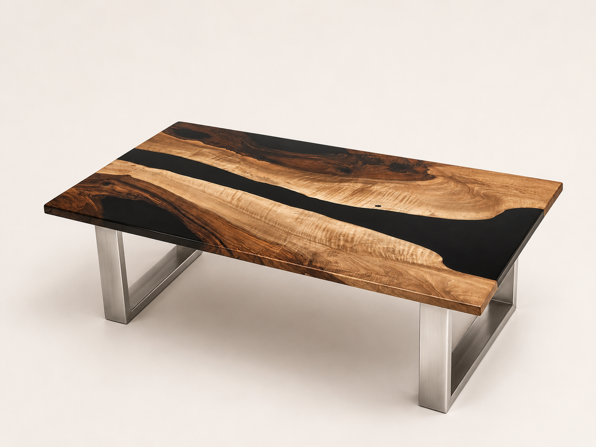 Håndlavet valnød sofabord med sort epoxy flod indlæg på hvid baggrund – Nordic Rift af Wooden Dream Studio